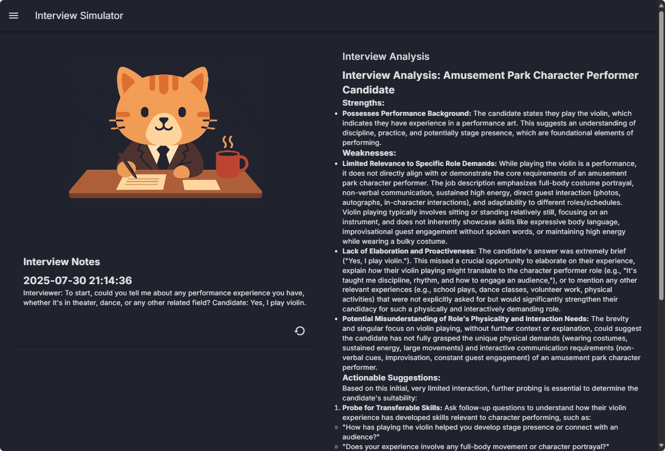 Displaying the final interview analysis